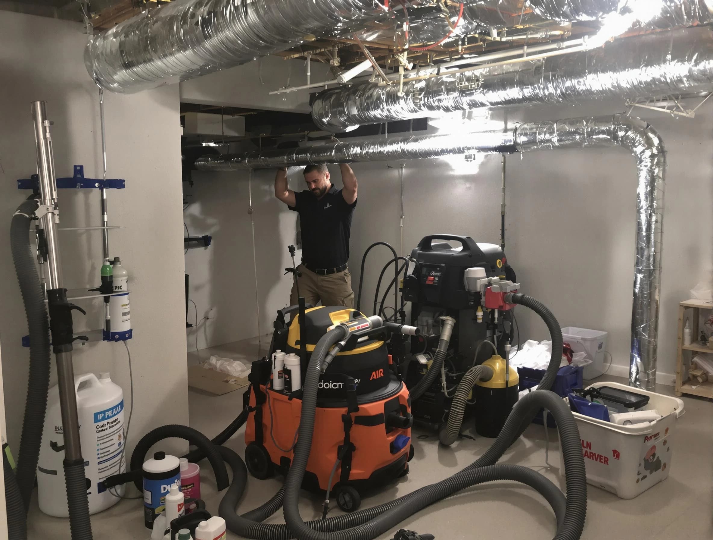 Dedham Air Duct Cleaning specialist performing professional mold removal from air ducts using safety equipment in Dedham