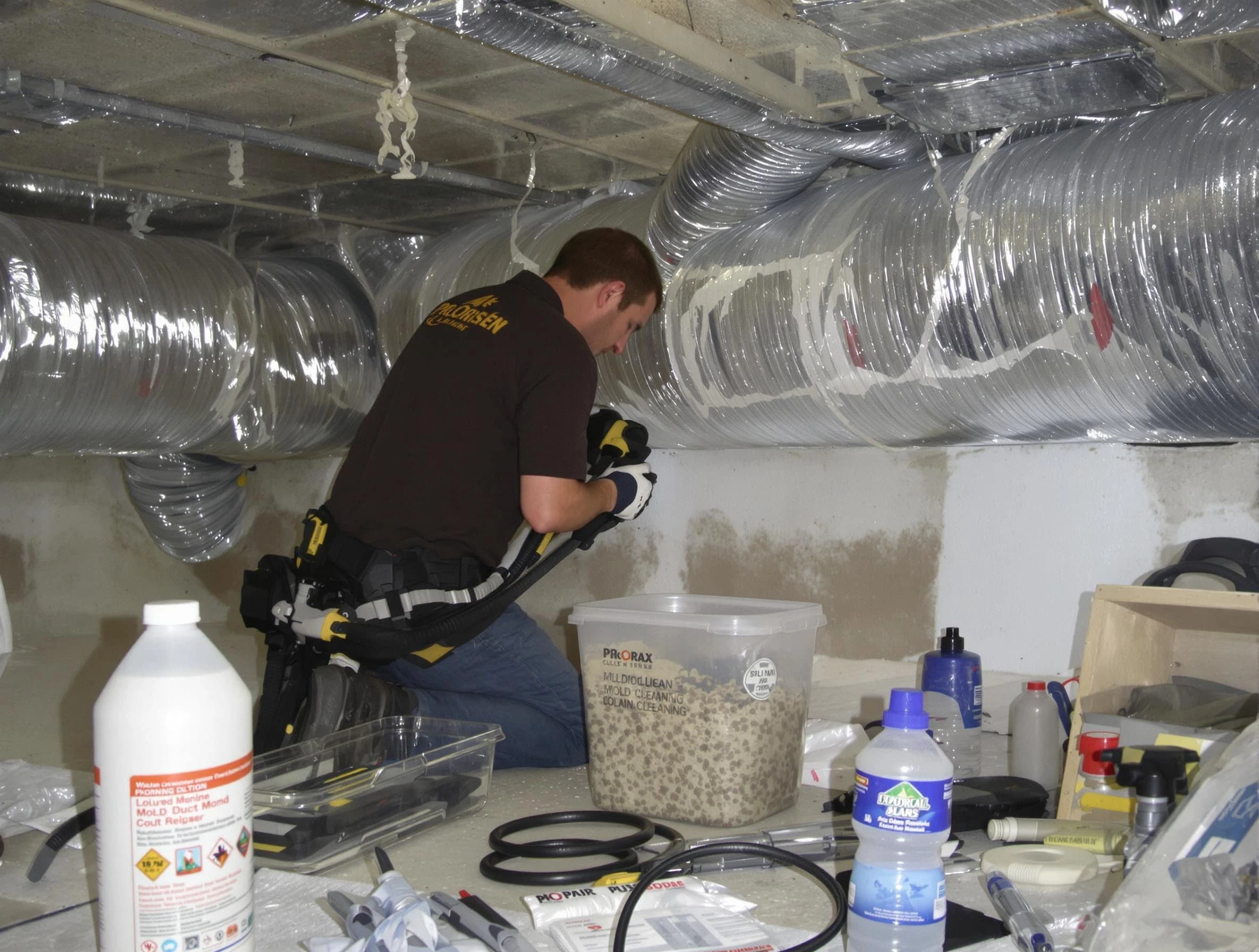 Dedham Air Duct Cleaning specialist performing professional mold removal from air ducts in Dedham