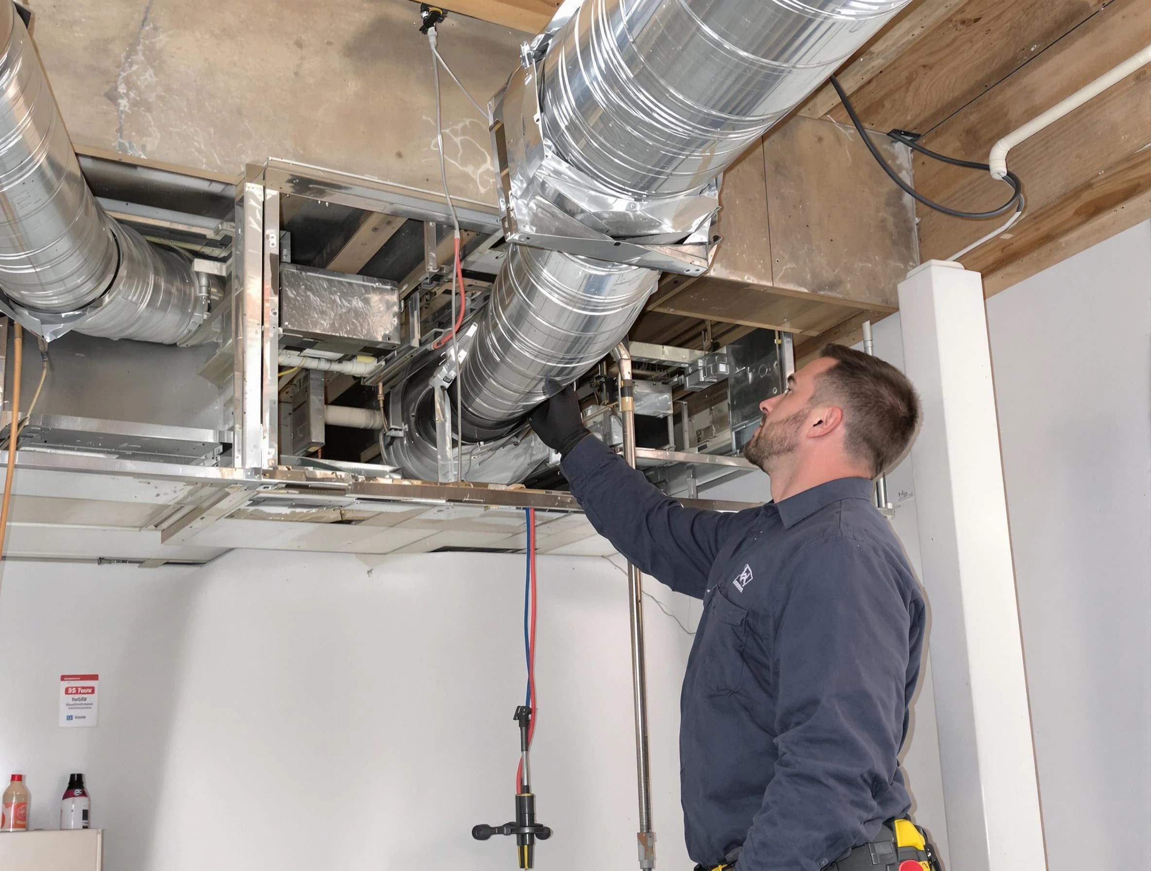 Dedham Air Duct Cleaning technician performing professional air duct repair using specialized tools in Dedham