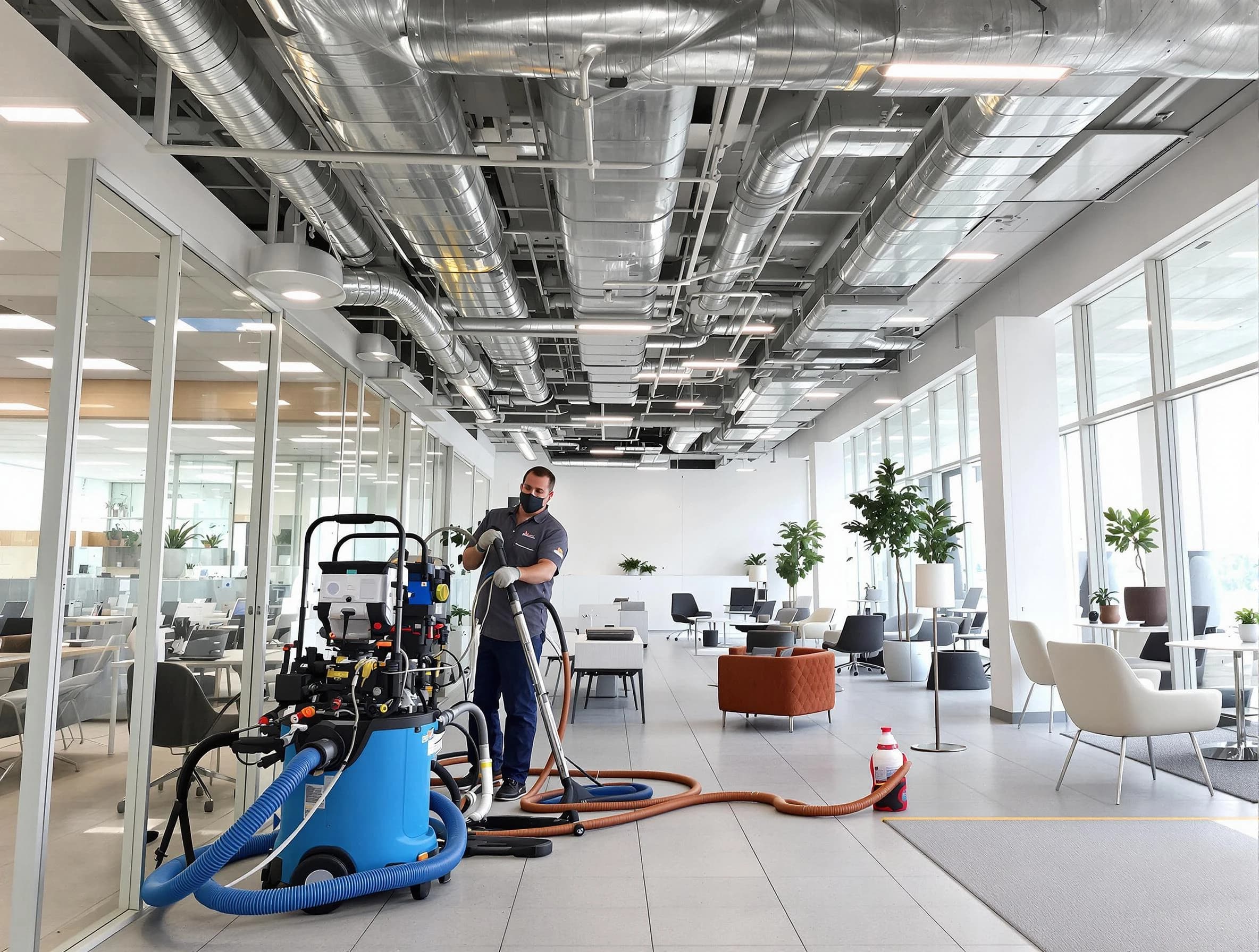 Dedham Air Duct Cleaning team conducting comprehensive commercial duct cleaning at a business location in Dedham