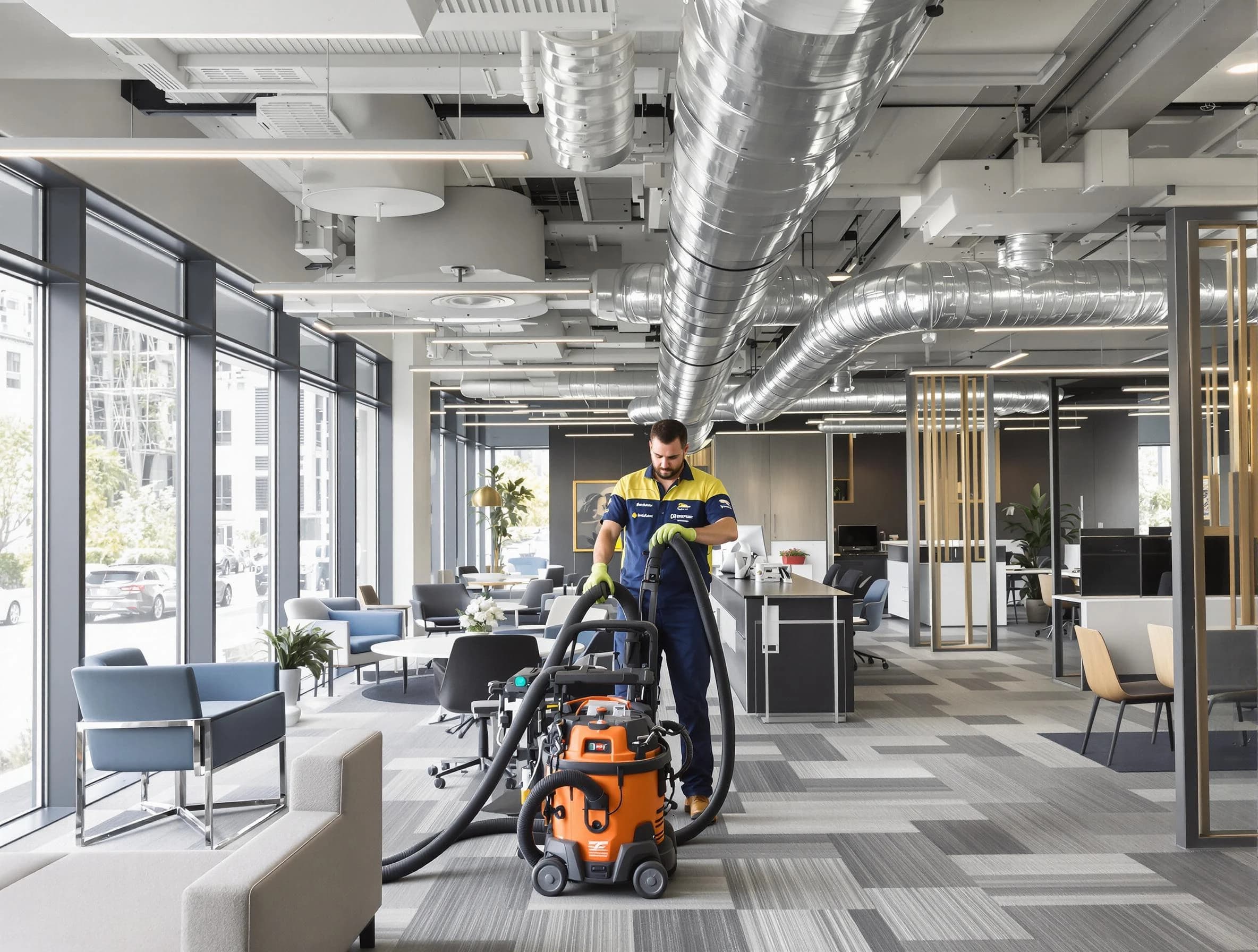 Dedham Air Duct Cleaning team performing thorough commercial duct cleaning at a Dedham business center