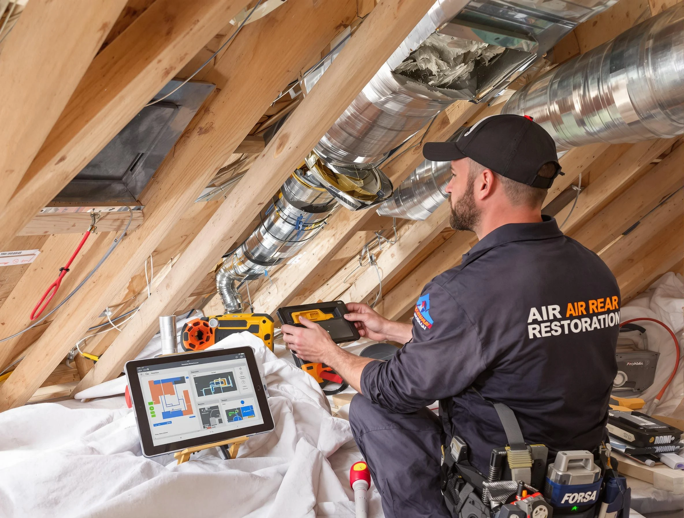 Dedham Air Duct Cleaning technician performing precise duct repair work in Dedham