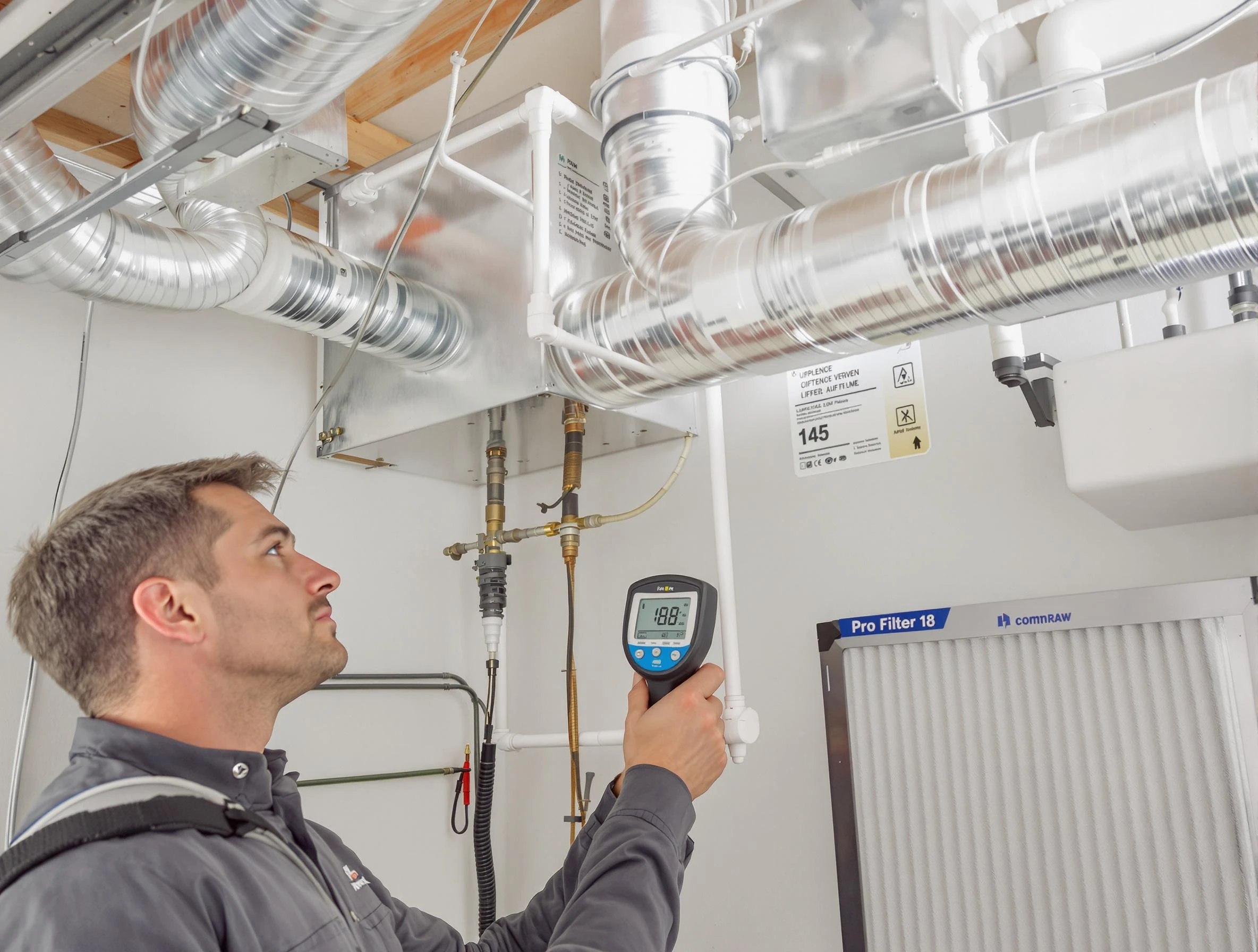Dedham Air Duct Cleaning expert conducting detailed filter system inspection using diagnostic tools in Dedham