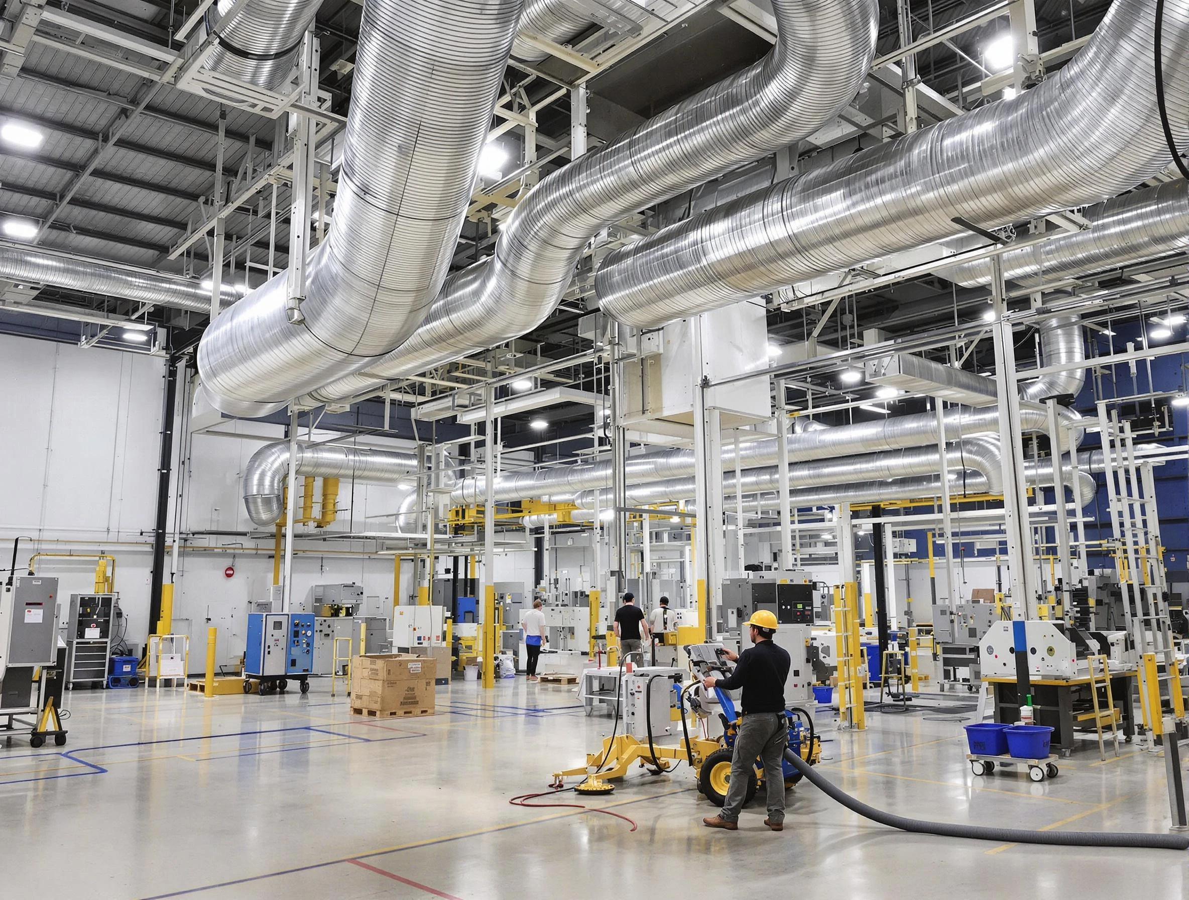 Dedham Air Duct Cleaning team performing comprehensive industrial duct cleaning at a large facility in Dedham