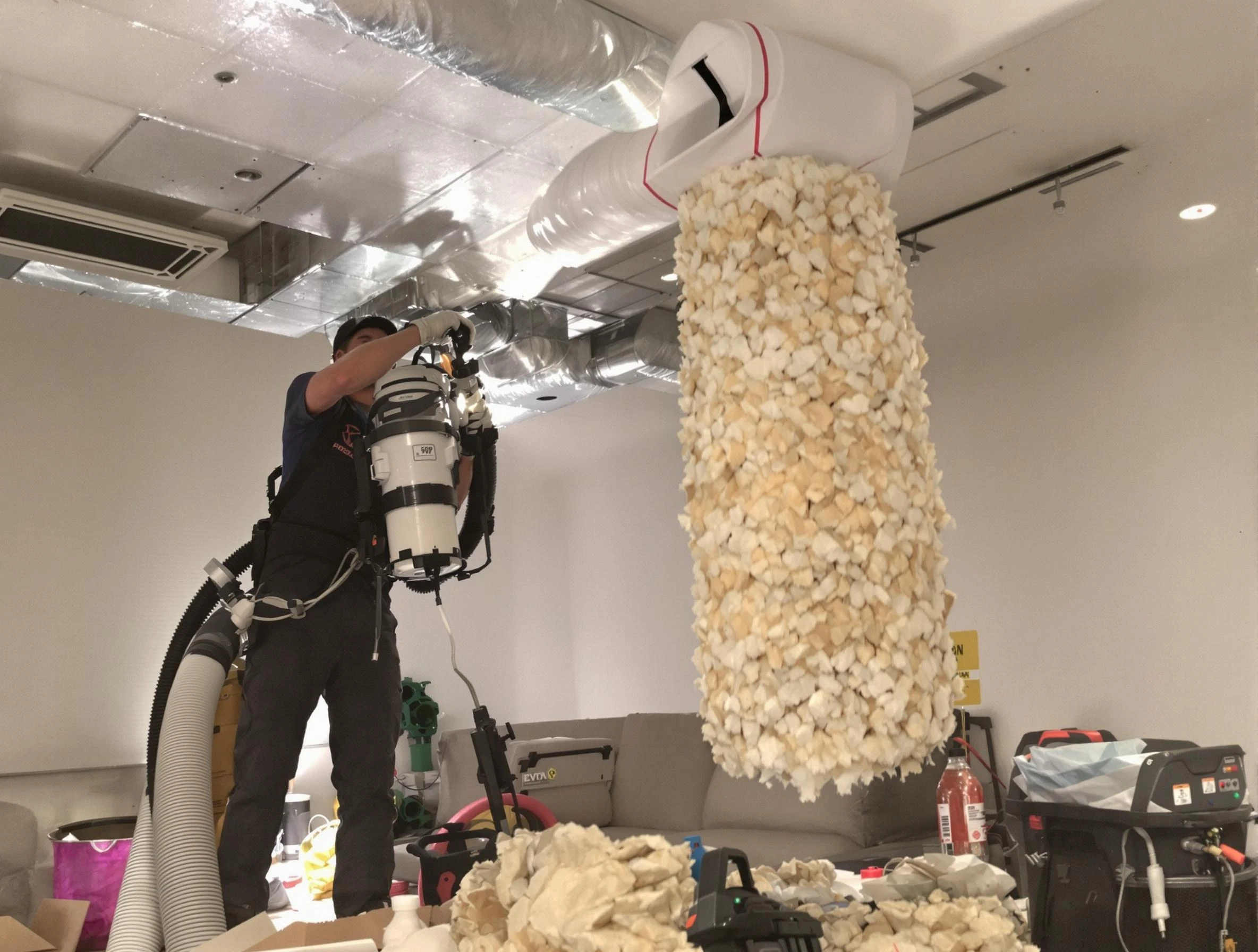 Dedham Air Duct Cleaning technician performing precision vacuum insulation removal in a residential property in Dedham